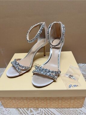 Embellished Ivory Satin Ankle-Strap Heels 7 1/2